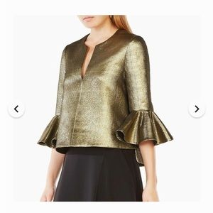 New BCBG MAXAZRIA Gold Metallic Textured Bell Sleeve "Valari" Blouse